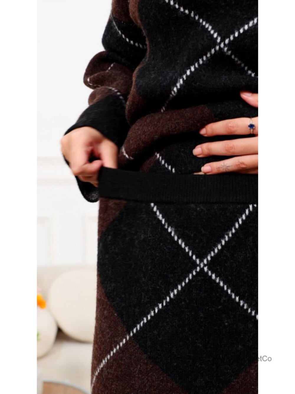 Argyle Sweater Skirt Set 2 Piece Plaid Knit Turtleneck Mini Skirt Outfit - Picture 5 of 5